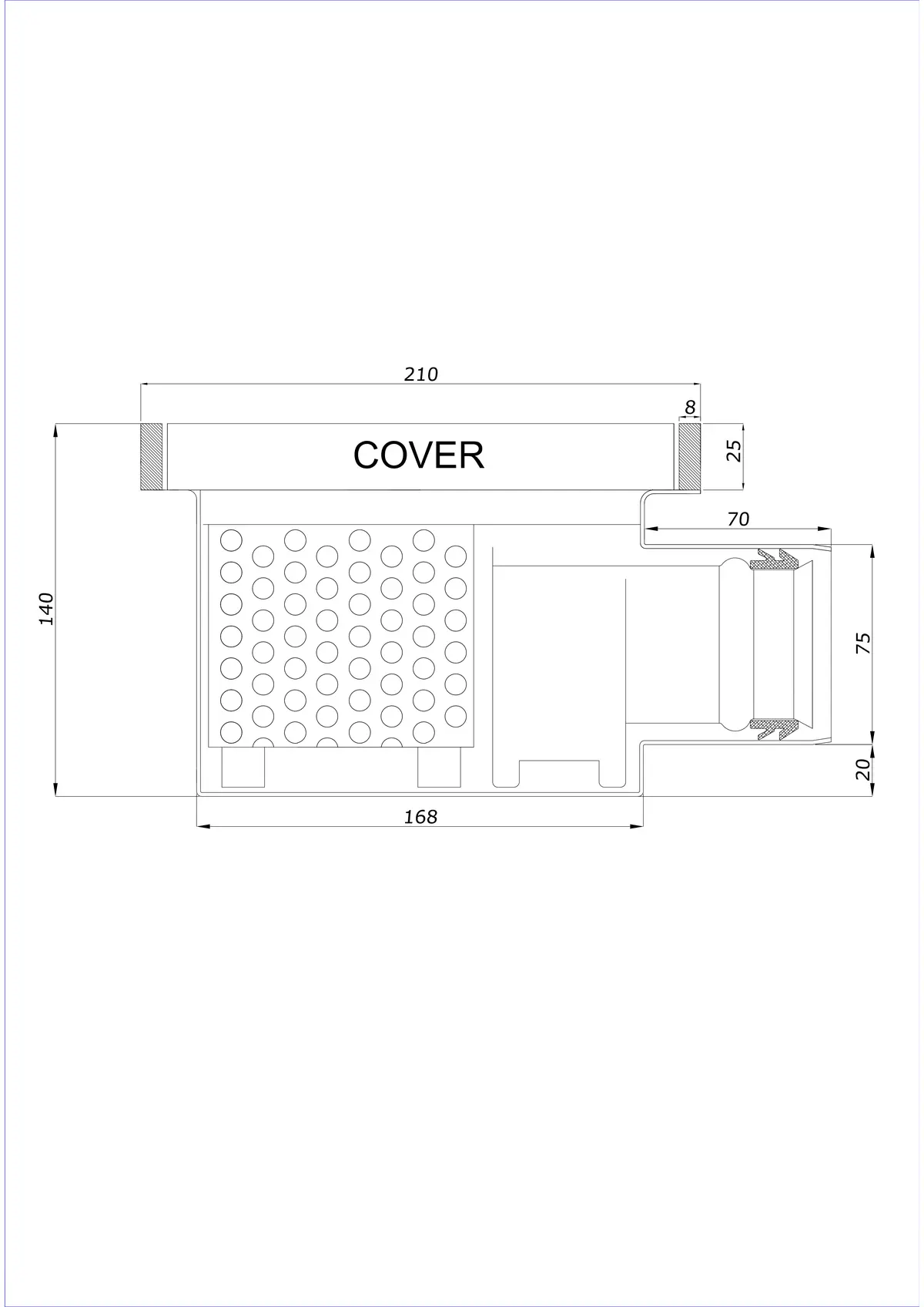 Scurgere de pardoseală BK_KROB 210 DN 75 cu margine 25x8mm - Monobloc orizontal