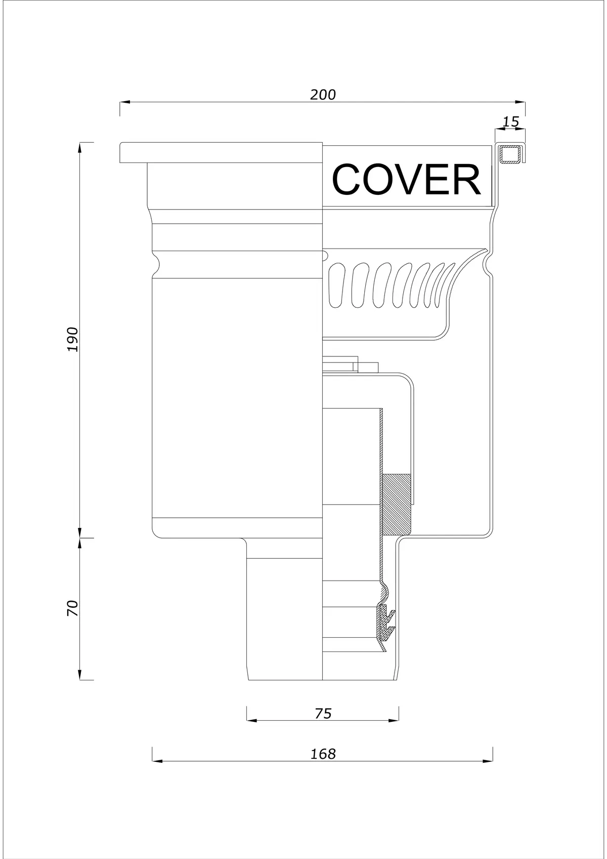 Sifon de pardoseală BK_KRD 200x200 DN 75 - Drenaj vertical dintr-o singură piesă