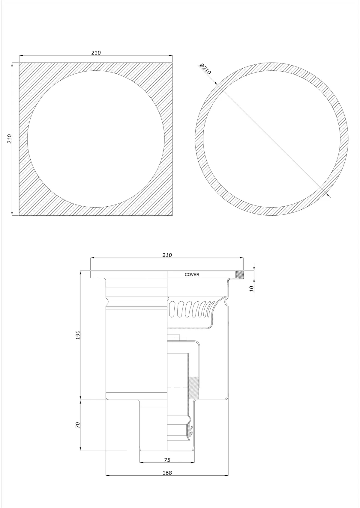Sifon de pardoseală BK_KRDO 210/210x210 DN 75 - Monobloc vertical - Versiune rotundă/pătrată