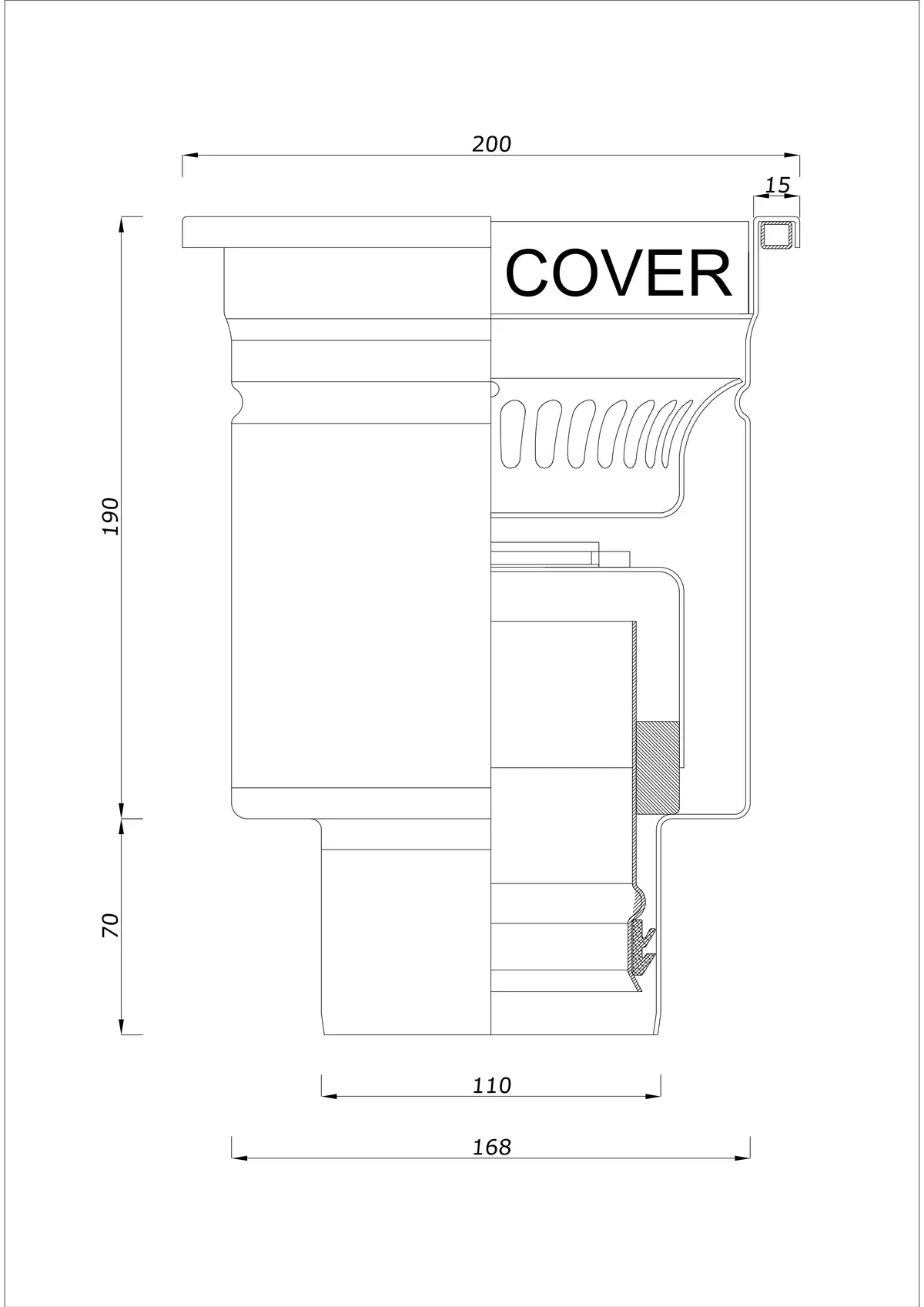 Sifon de pardoseală BK_KRD 200x200 DN 110 - Monobloc vertical