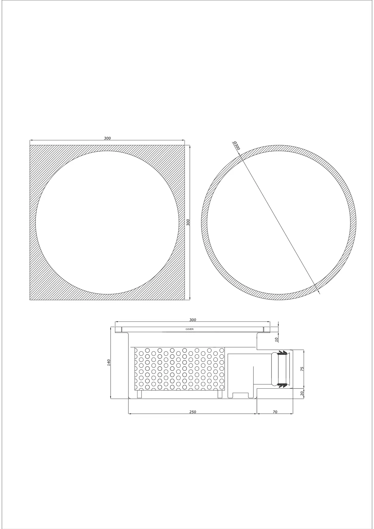 Sifon de pardoseală BK_KRBO 300/ 300x300 DN 75 - Monobloc Orizontal - Versiune rotundă/pătrată