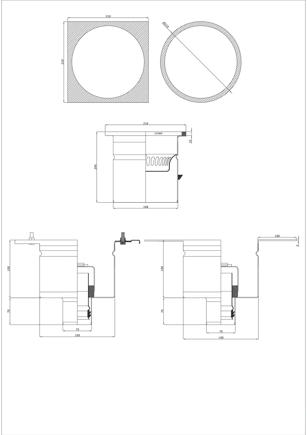 Sifon de pardoseală BK_KRDO 210/210x210 DN 75 - Două piese vertical - Versiune rotundă/pătrată