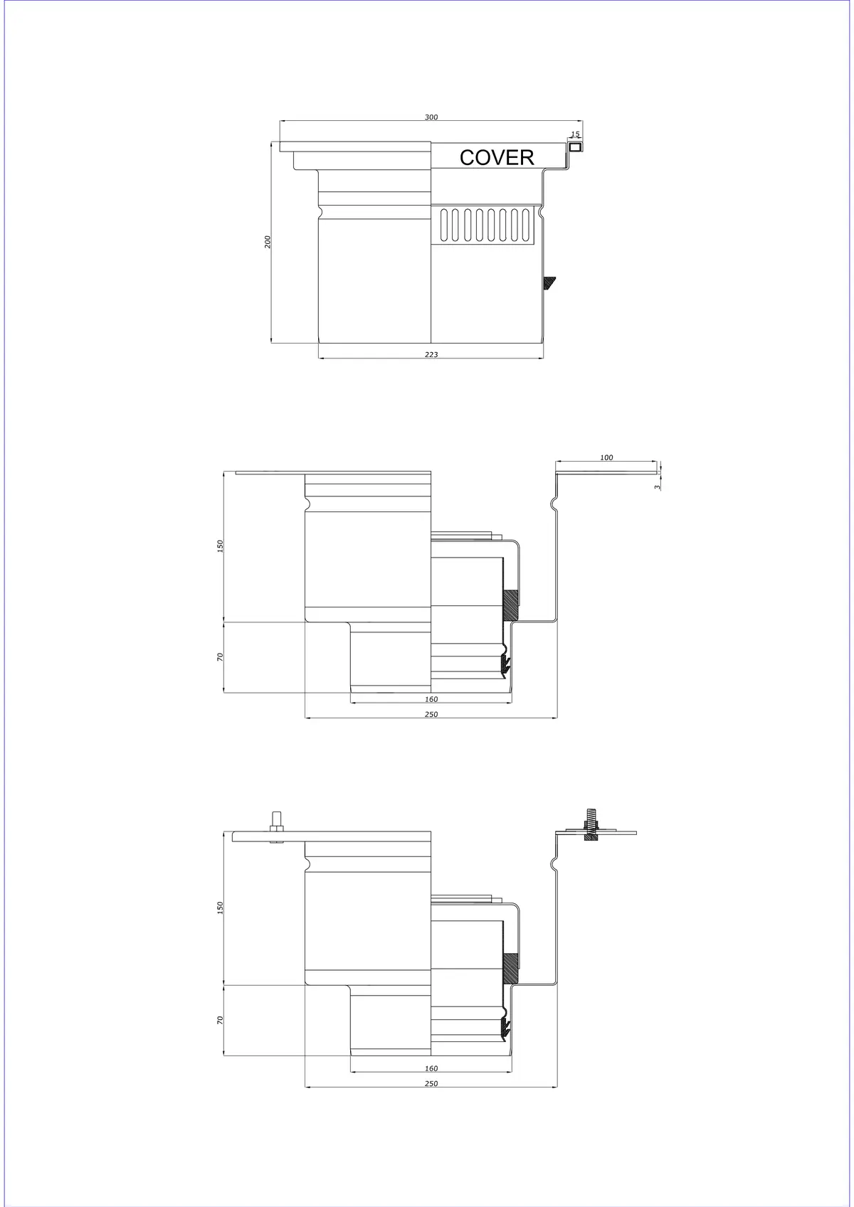 Sifon de pardoseală BK_KRD 300x300 DN 160 - Drenaj vertical în două părți