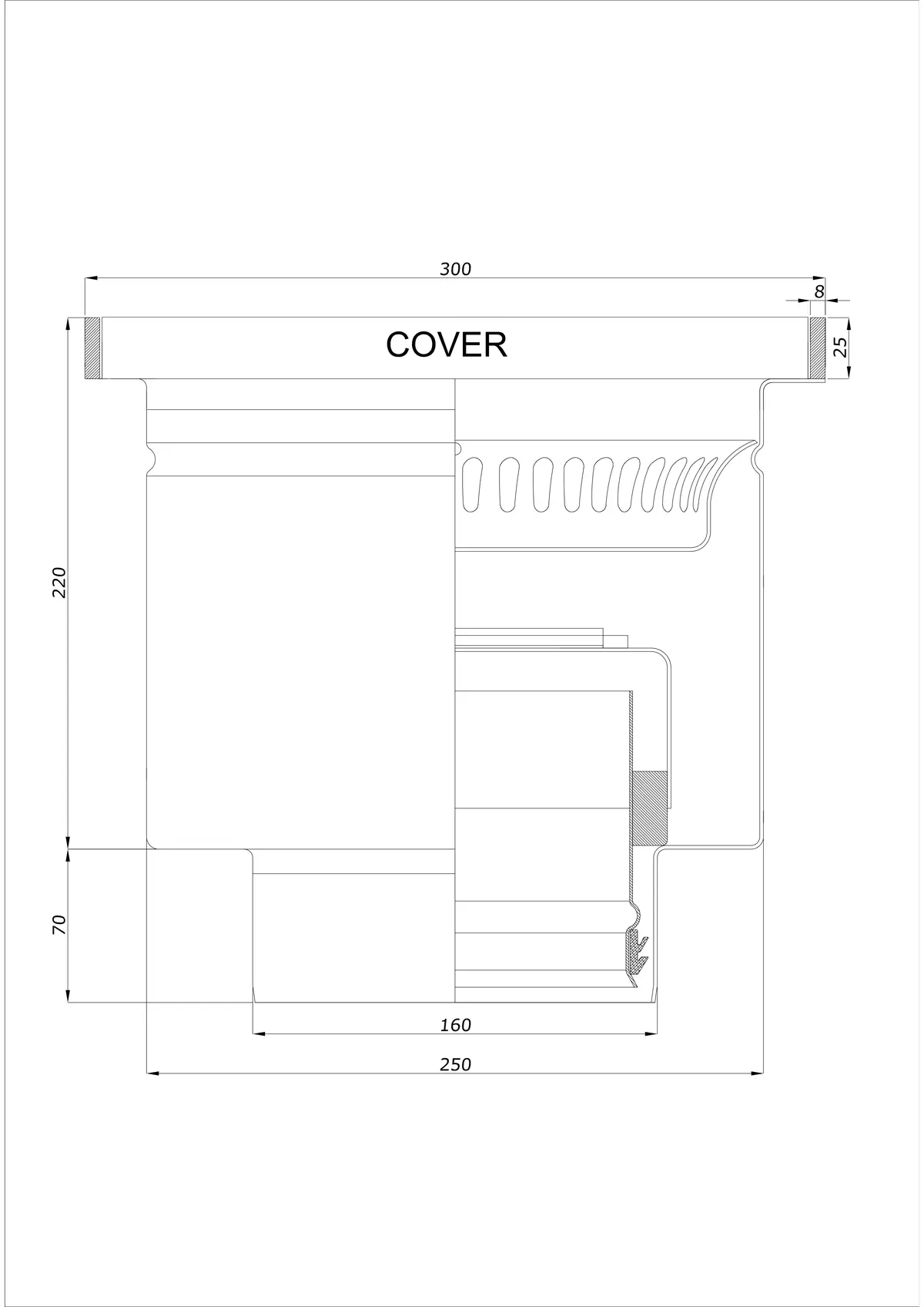 Sifon de pardoseală BK_KROD 300 DN 160 cu margine 25x8mm - Vertical dintr-o singură piesă