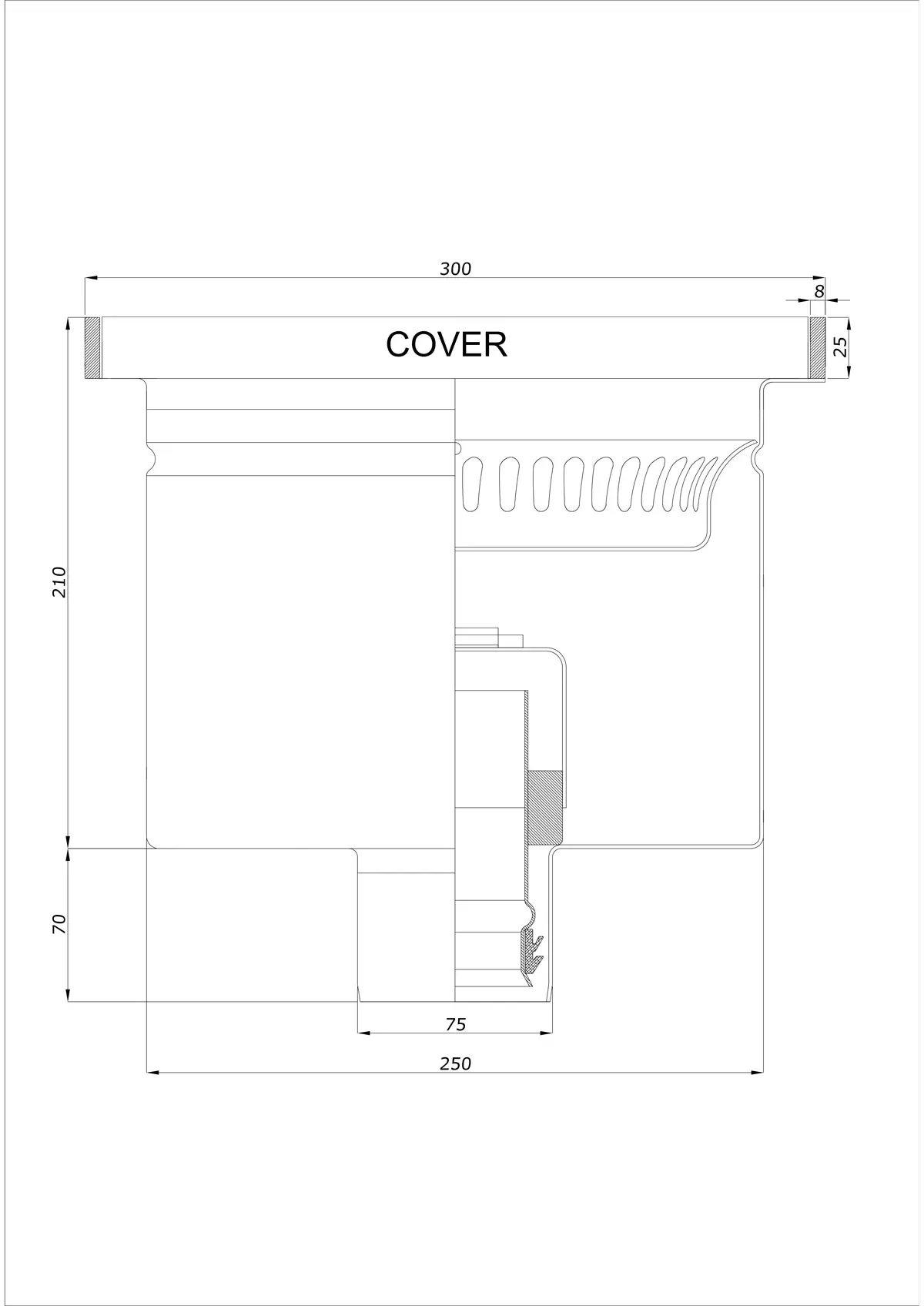 Scurgere de pardoseală BK_KROD 300 DN 75 cu margine 25x8mm - Drenaj vertical dintr-o singură piesă