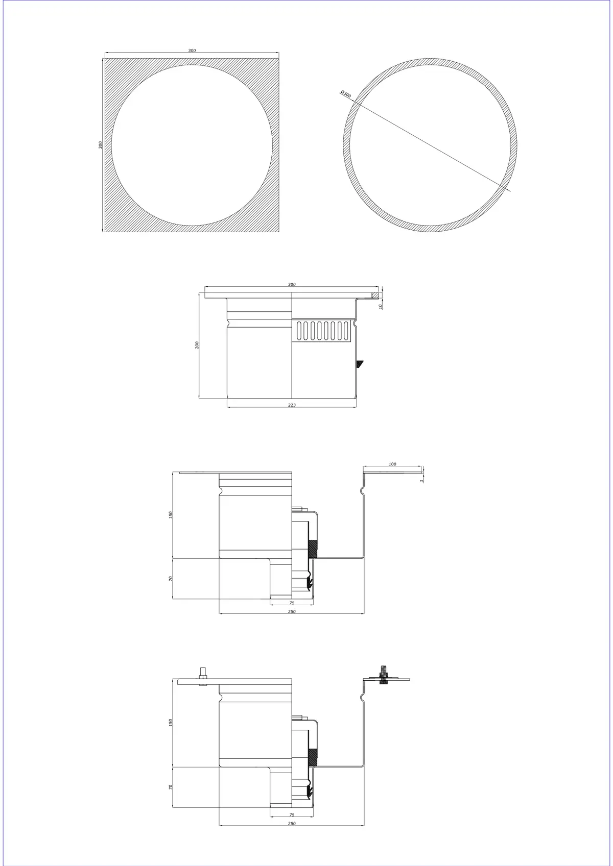 Sifon de pardoseală BK_KRDO 300/300x300 DN 75 - Două părți vertical - Versiune rotundă/pătrată