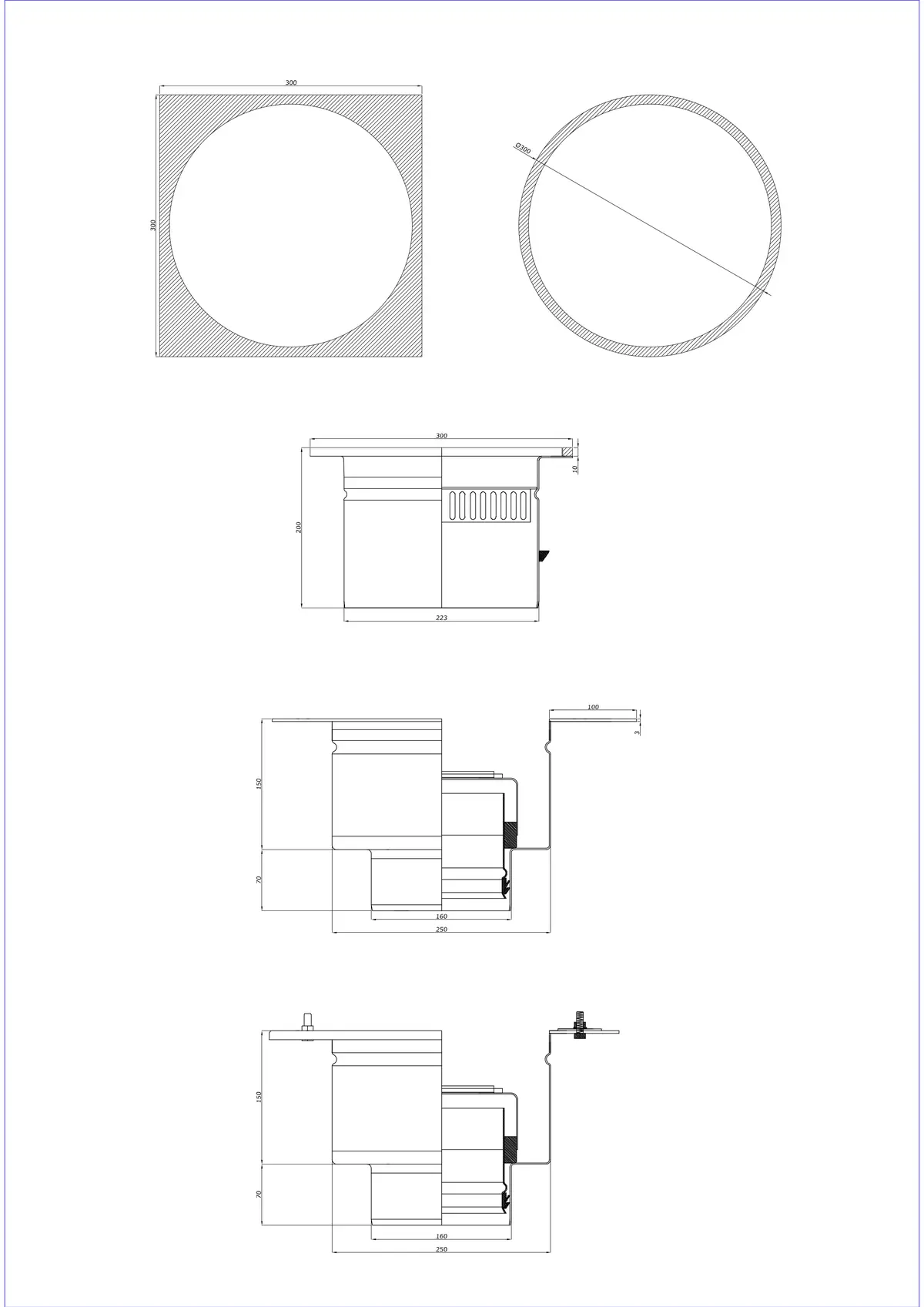 Sifon de pardoseală BK_KRDO 300/300x300 DN 160 - Două piese vertical - Versiune rotundă/pătrată