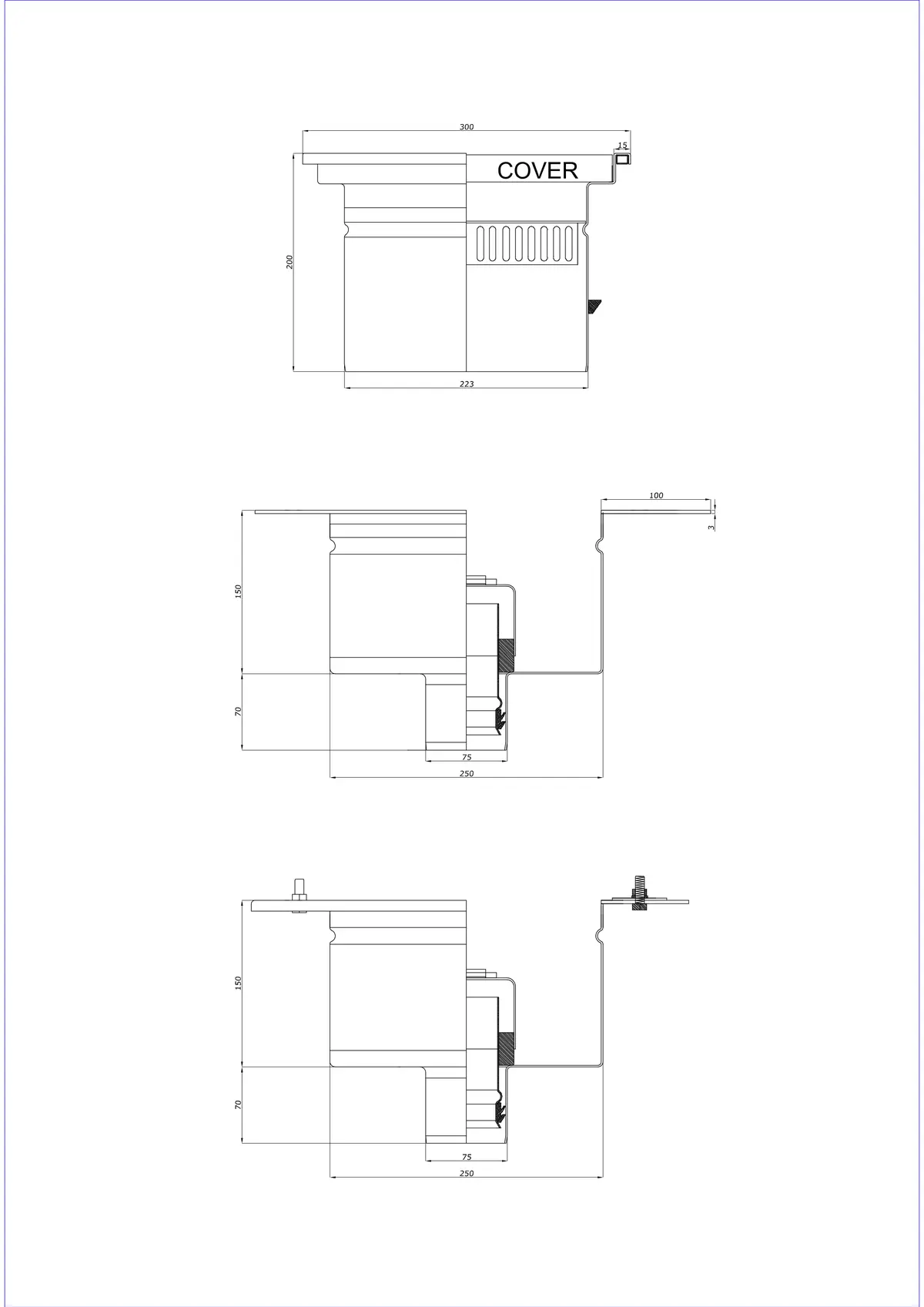 Scurgere de podea BK_KRD 300x300 DN 75 - Două părți vertical