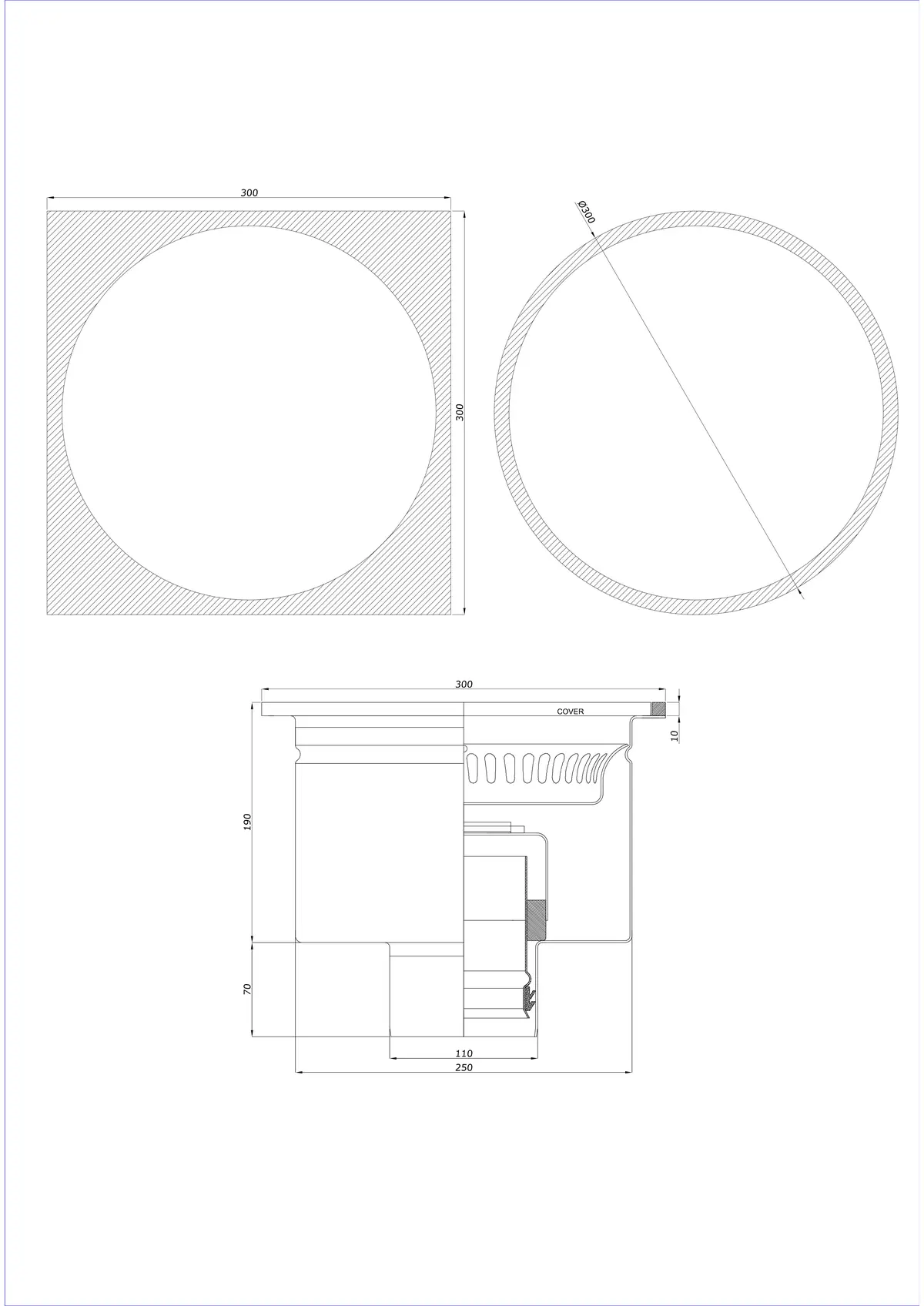 Sifon de pardoseală BK_KRDO 300/300x300 DN 110 - Monobloc Vertical - Versiune rotundă/pătrată