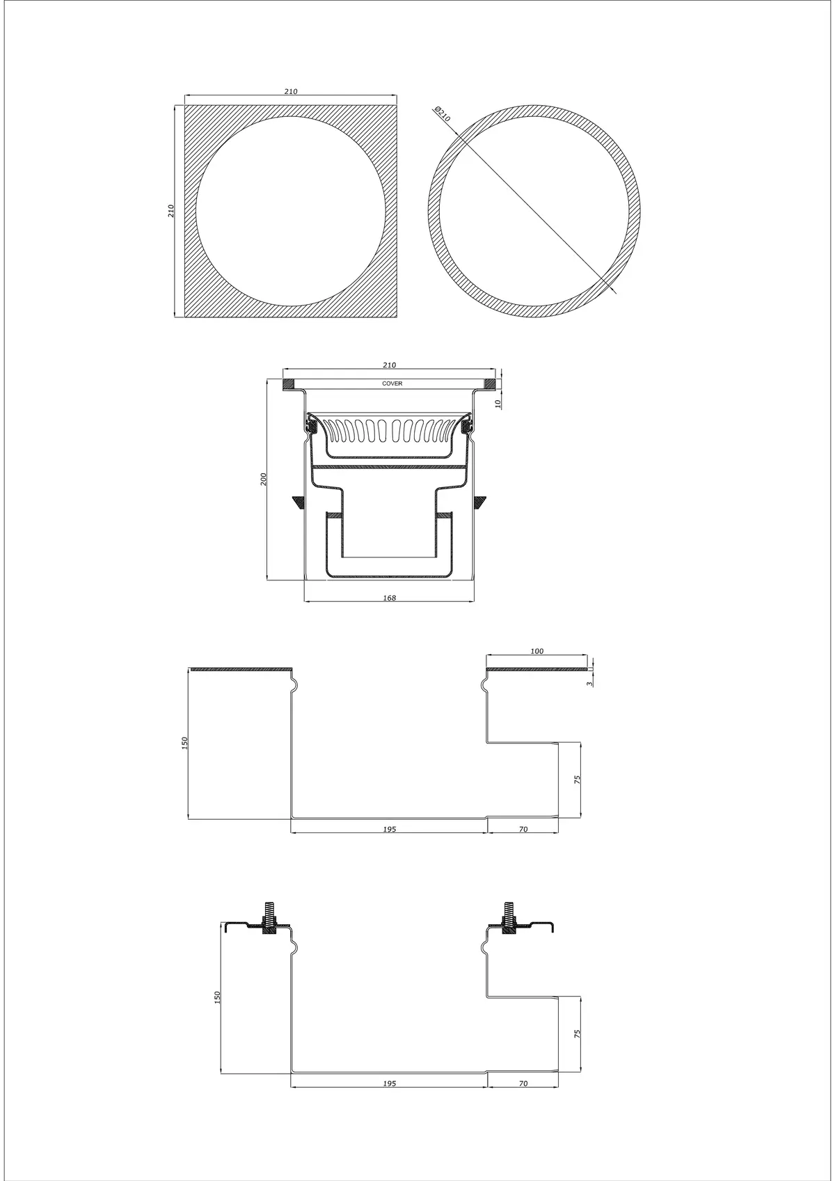 Scurgere de pardoseală BK_KRBO 210/ 210x210 DN 75 - Două părți orizontală - Versiune rotundă/pătrată