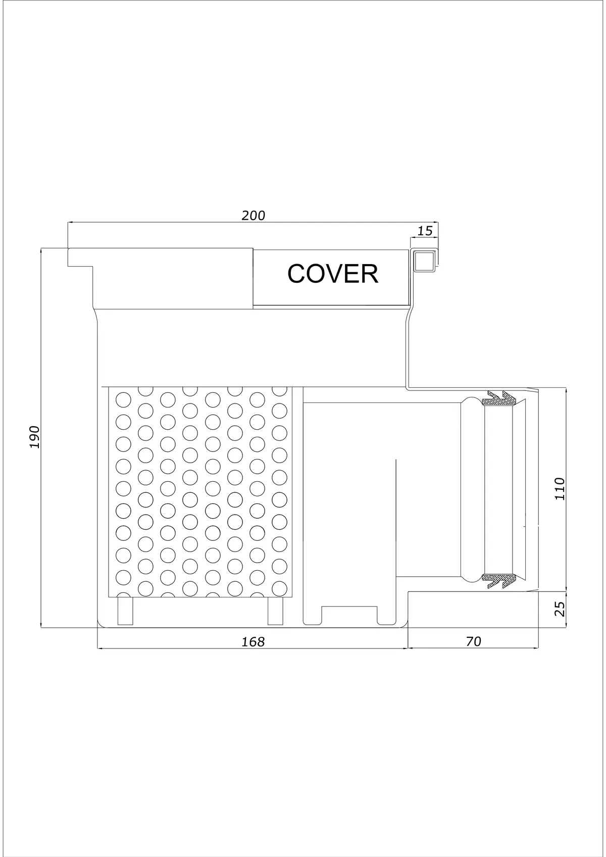 Scurgere de pardoseală BK_KRB 200x200 DN 110 - Monobloc Orizontal