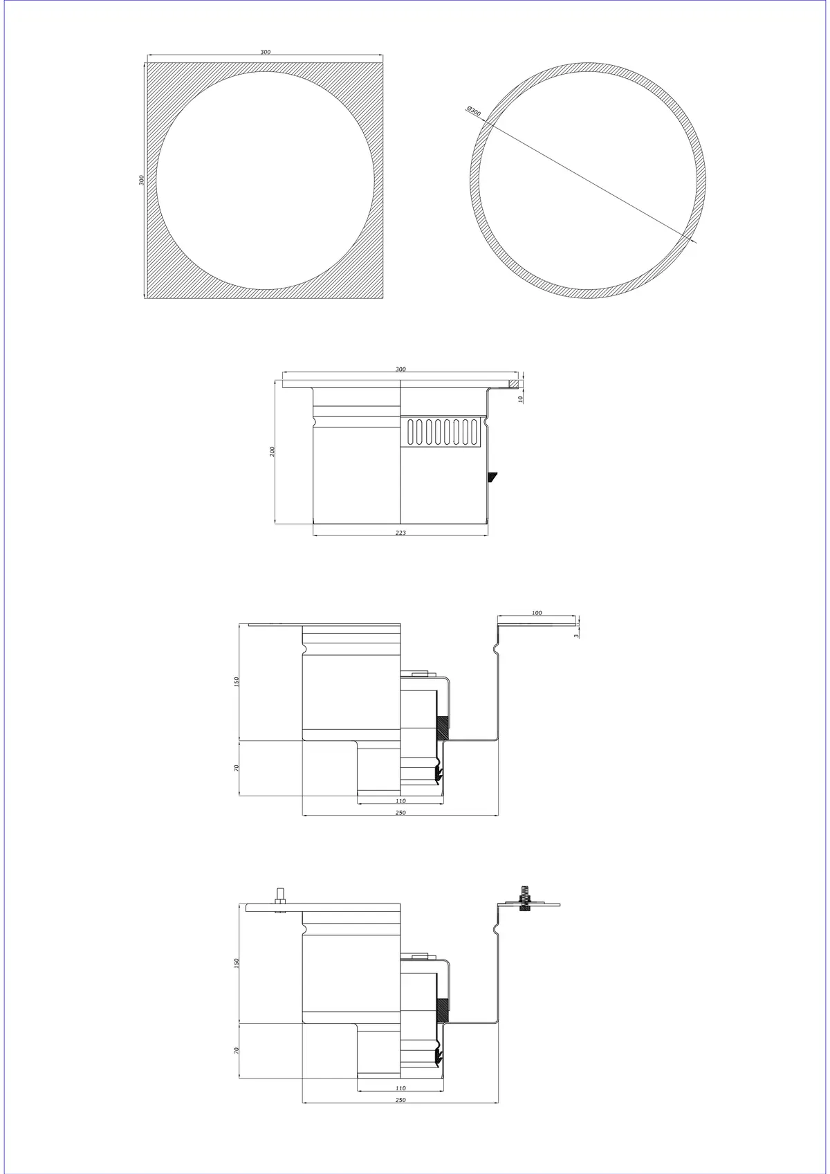 Sifon de pardoseală BK_KRDO 300/300x300 DN 110 - Două părți vertical - Versiune rotundă/pătrată