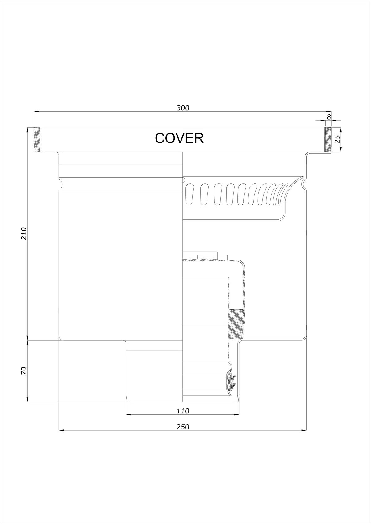 Scurgere de pardoseală BK_KROD 300 DN 110 cu margine 25x8mm - Drenaj vertical dintr-o singură piesă
