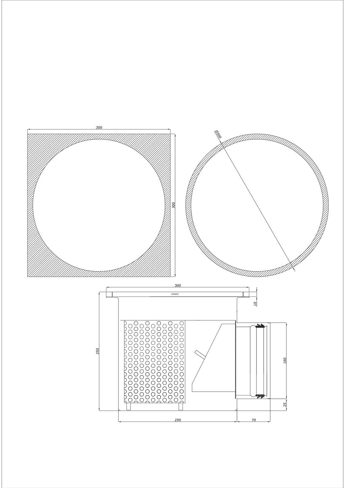 Sifon de pardoseală BK_KRBO 300/300x300 DN 160 - Monobloc Orizontal - Versiune Rotundă/Pătrată