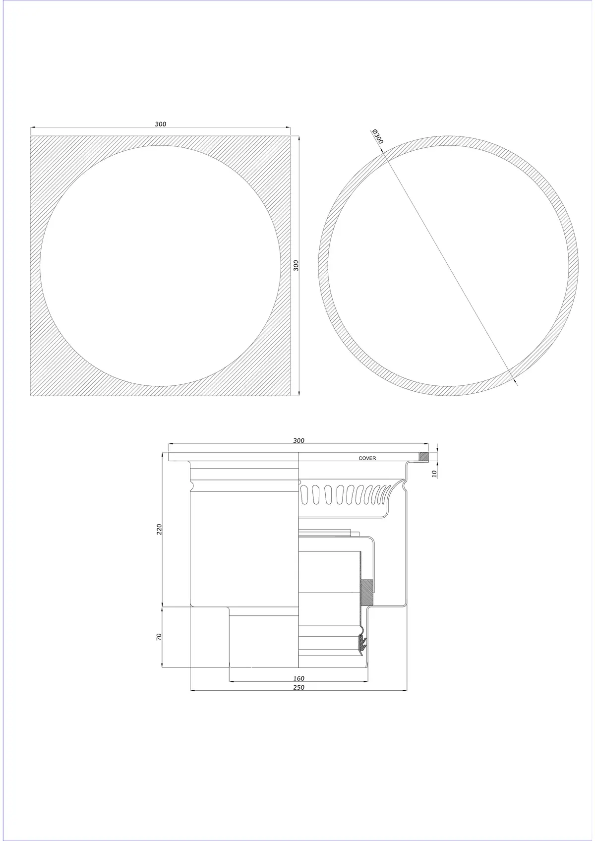 Sifon de pardoseală BK_KRDO 300/300x300 DN 160 - Monobloc vertical - Versiune rotundă/pătrată