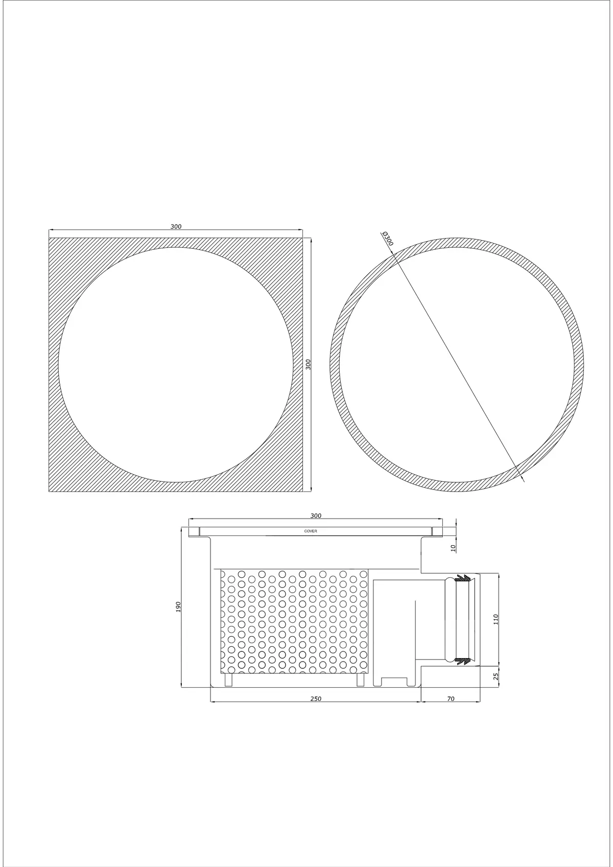 Sifon de pardoseală BK_KRBO 300/ 300x300 DN 110 - Monobloc Orizontal - Versiune rotundă/pătrată