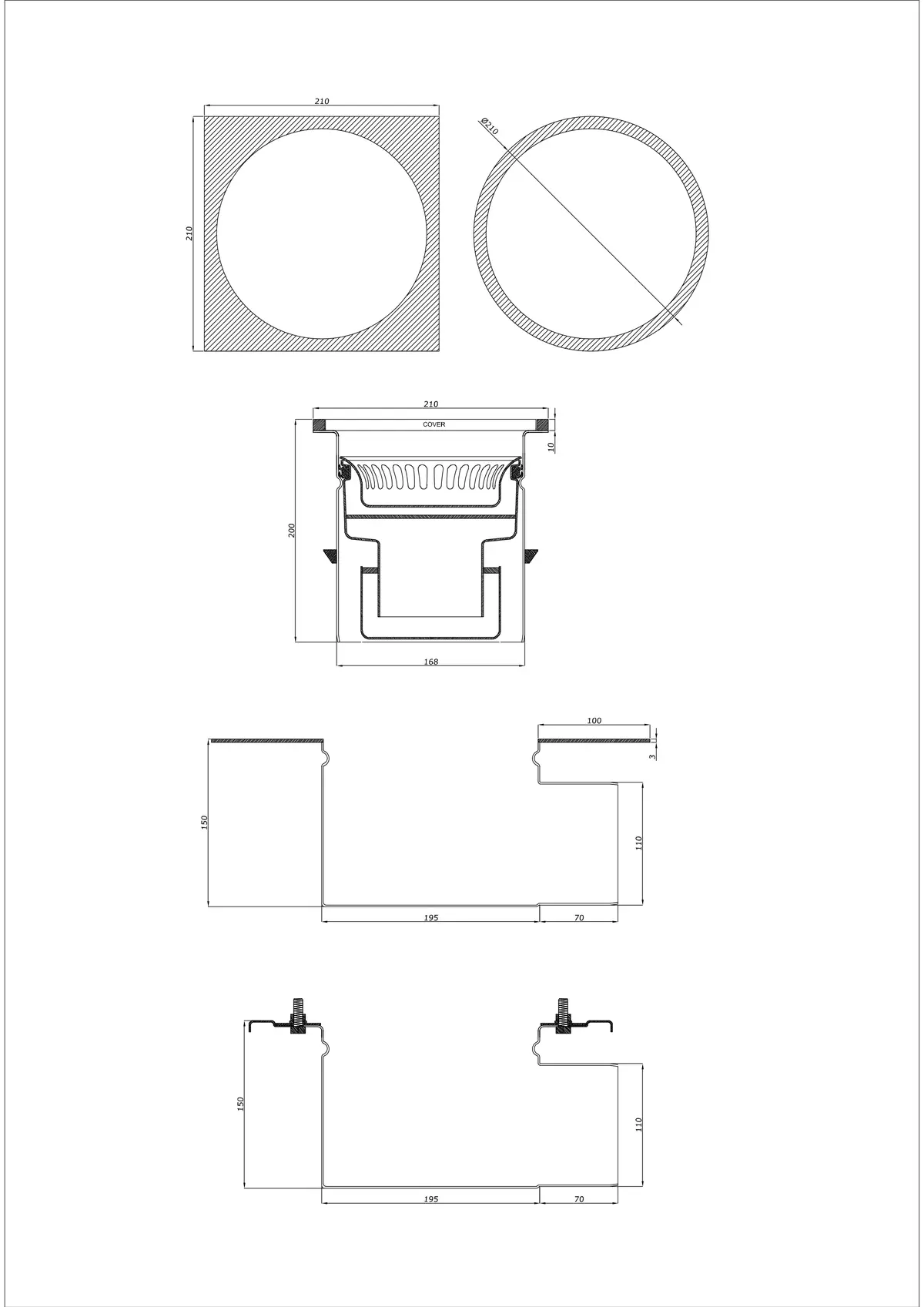 Sifon de pardoseală BK_KRBO 210/ 210x210 DN 110 - Două părți orizontal - Versiune rotundă/pătrată