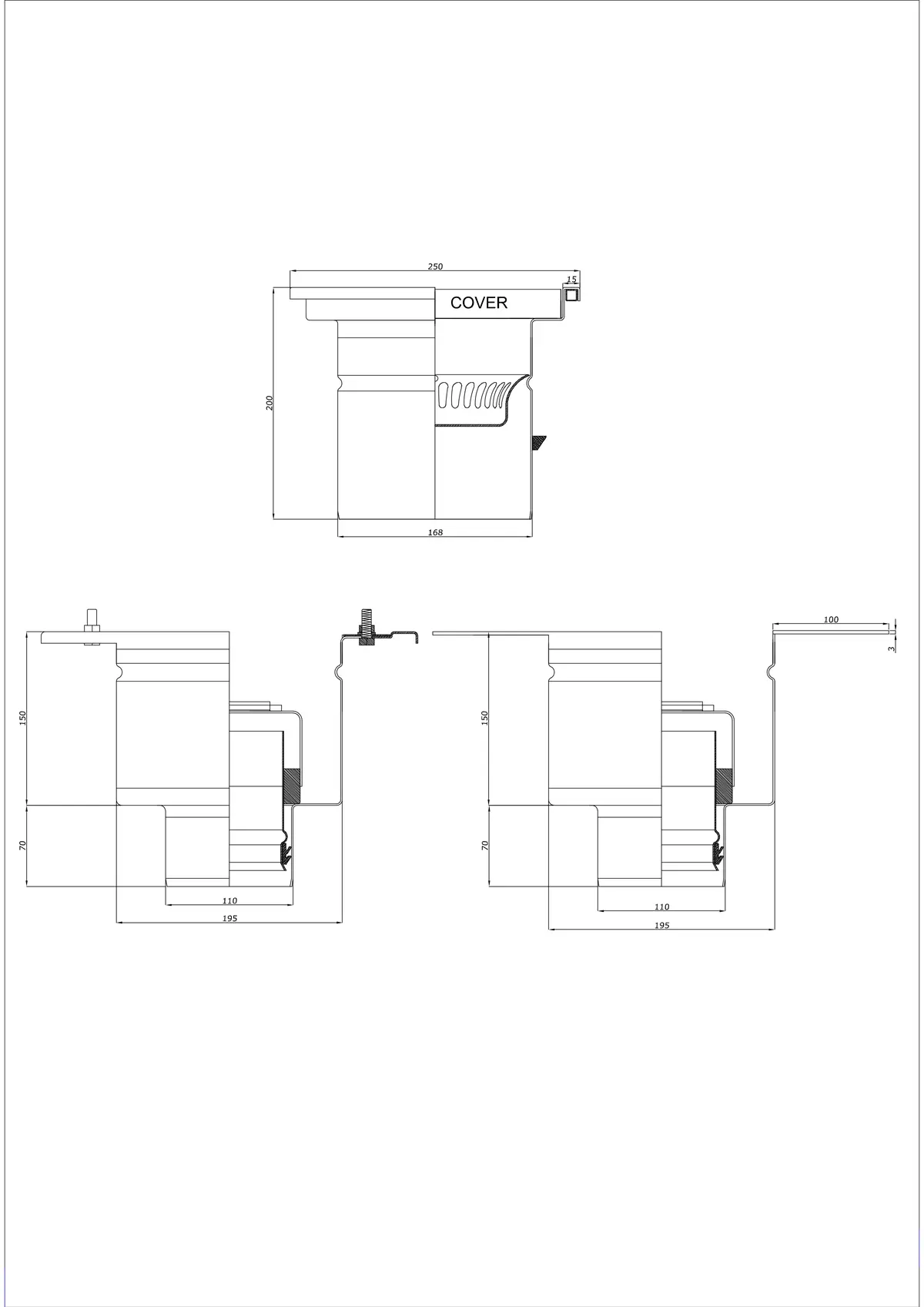 Sifon de pardoseală BK_KRD 250x250 DN 110 - Două părți vertical