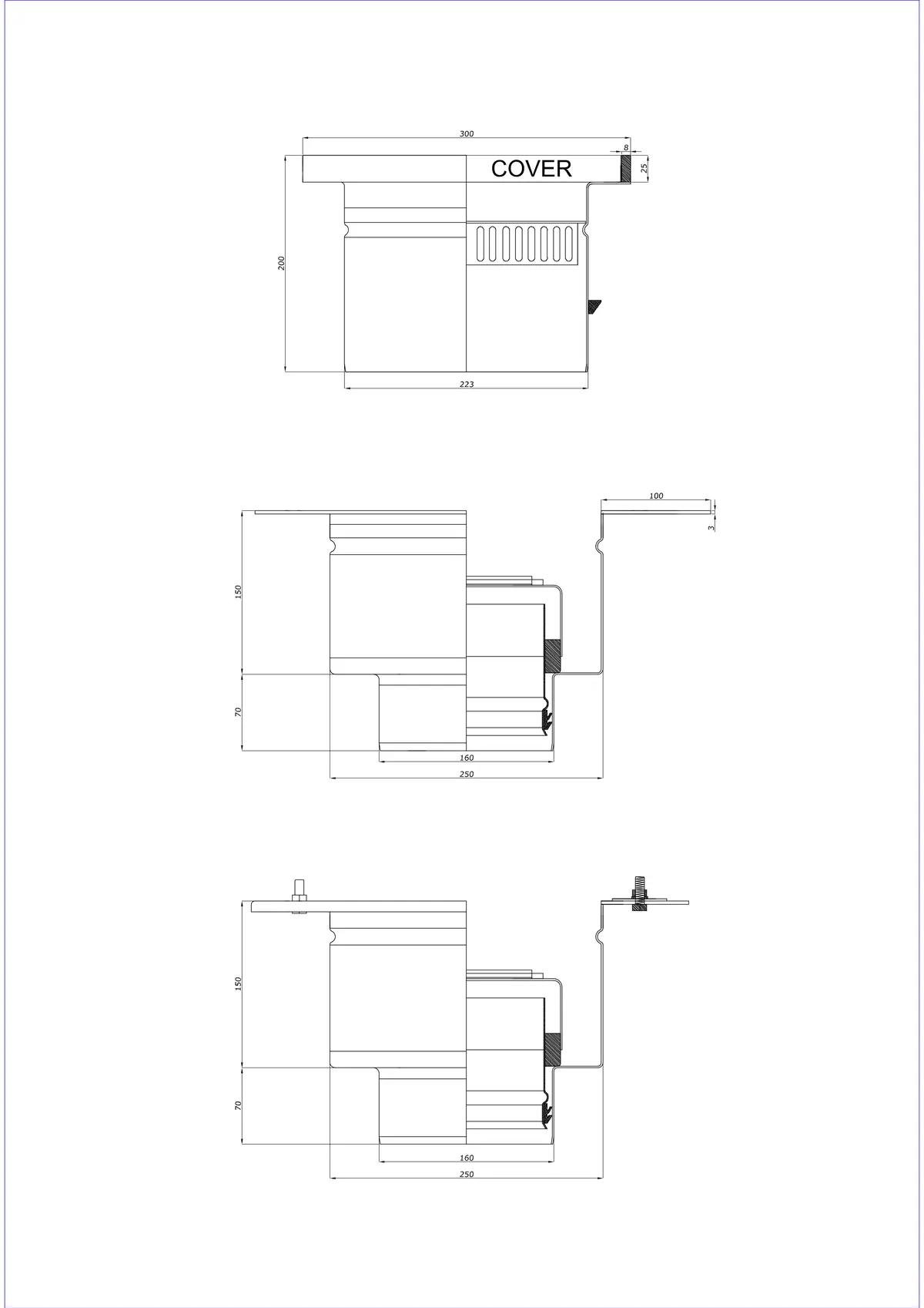 Sifon de pardoseală BK_KROD 300 DN 160 cu margine 25x8mm - Vertical în două părți