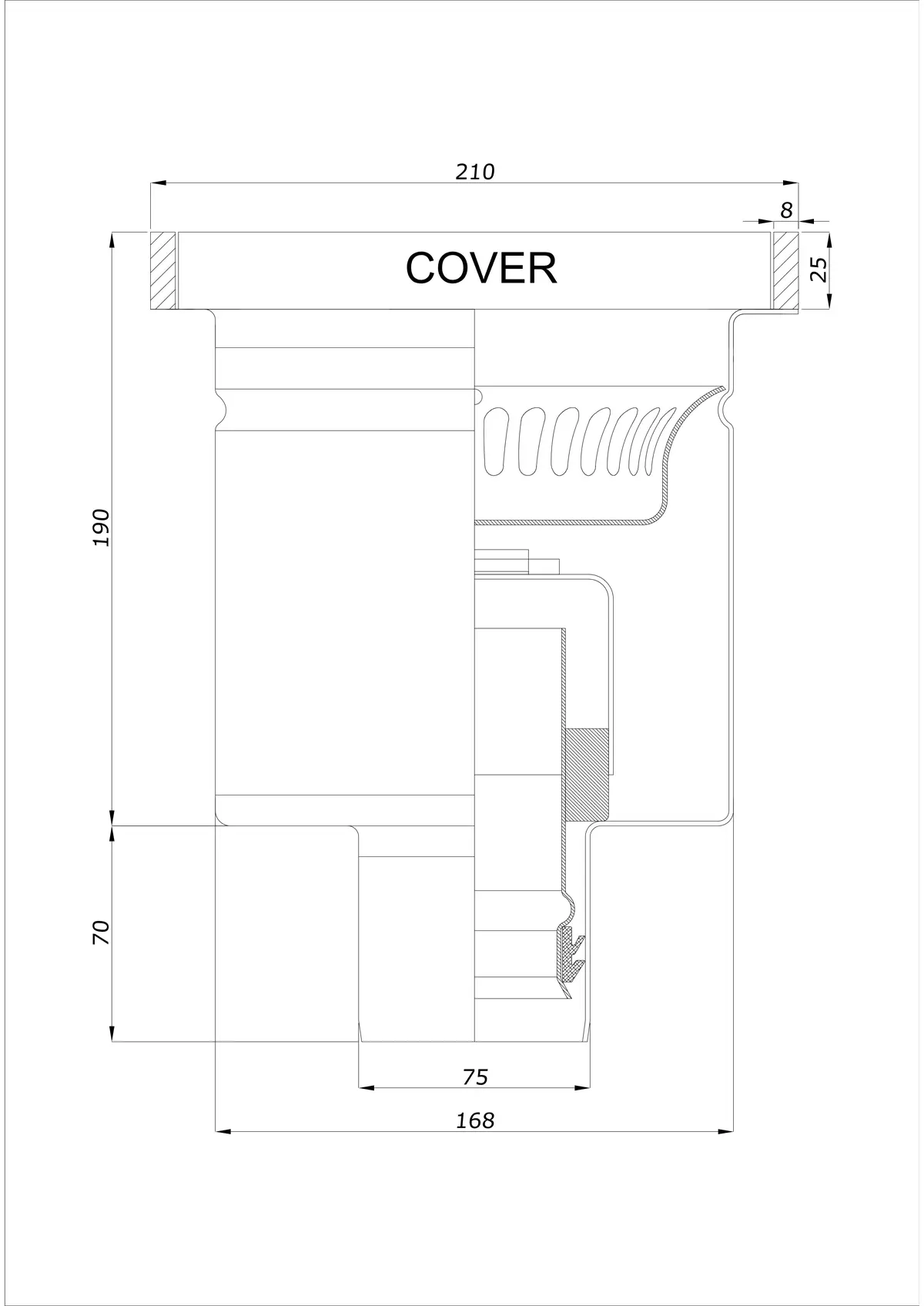 Sifon de pardoseală BK_KROD 210 DN 75 cu margine 25x8mm - Drenaj vertical dintr-o singură piesă