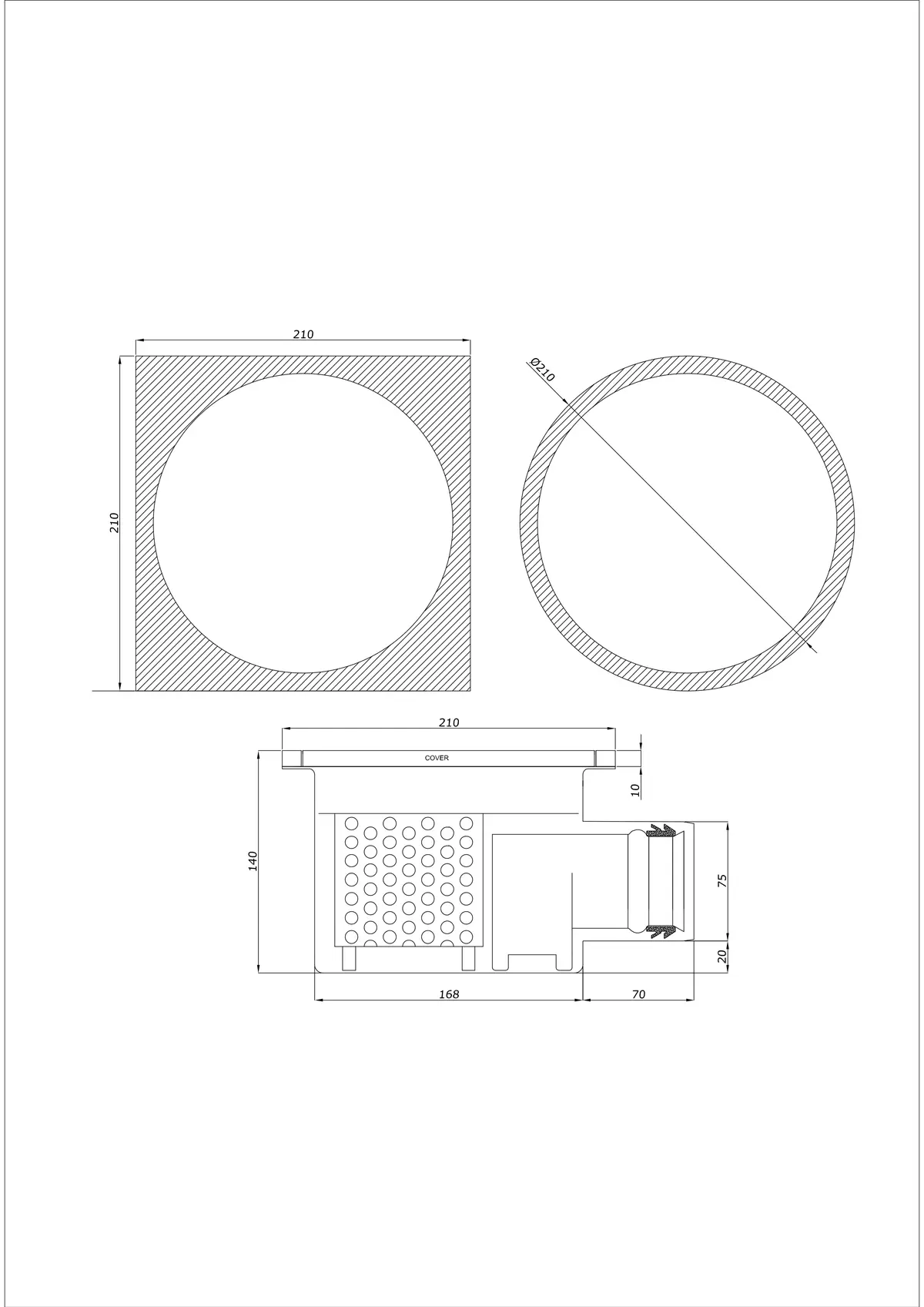 Sifon de pardoseală BK_KRBO 210/ 210x210 DN 75 - Monobloc Orizontal - Versiune rotundă/pătrată