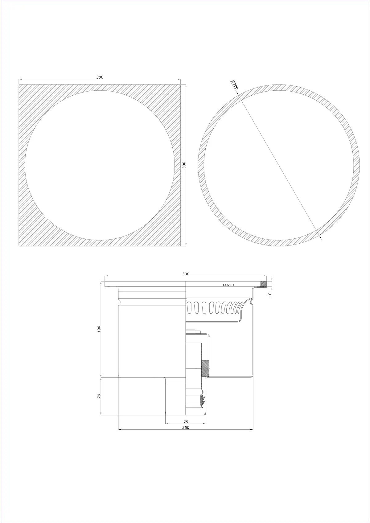 Sifon de pardoseală BK_KRDO 300/300x300 DN 75 - Vertical dintr-o singură piesă - Versiune rotundă/pătrată