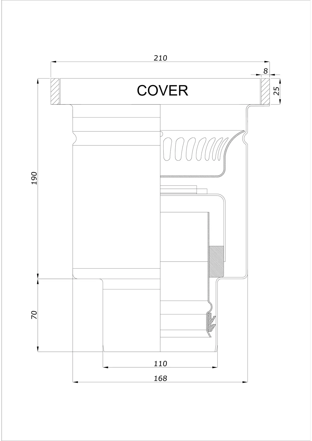 Sifon de pardoseală BK_KROD 210 DN 110 cu margine 25x8mm - Vertical dintr-o singură piesă