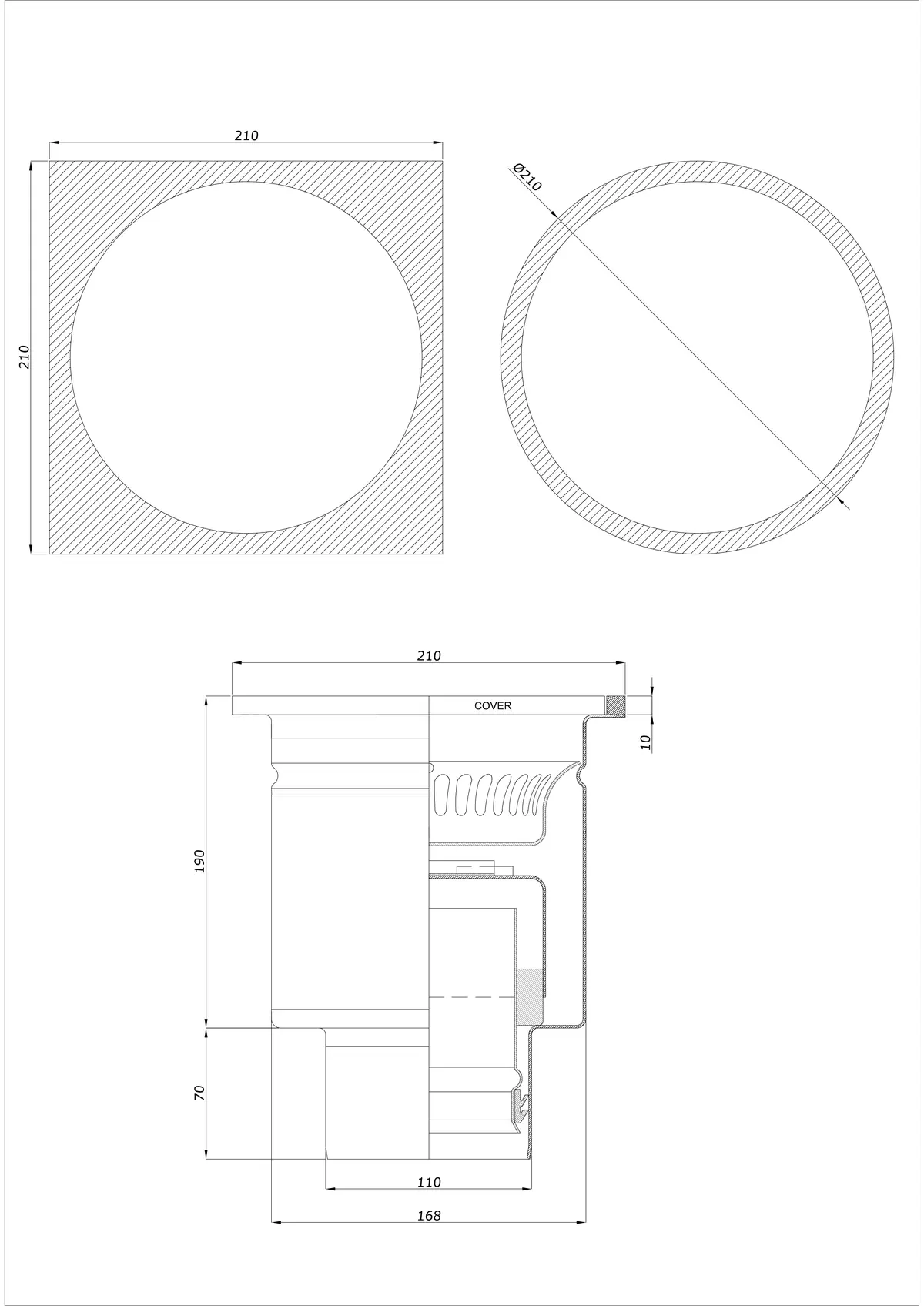 Sifon de pardoseală BK_KRDO 210/210x210 DN 110 - Monobloc vertical - Versiune rotundă/pătrată