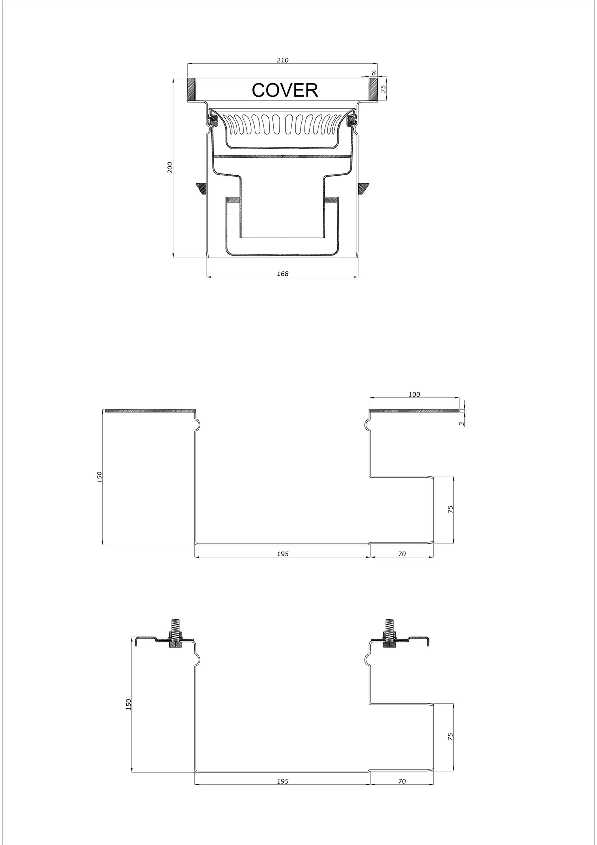 Sifon de pardoseală BK_KROB 210 DN 75 cu margine 25x8mm - Drenaj orizontal în două părți