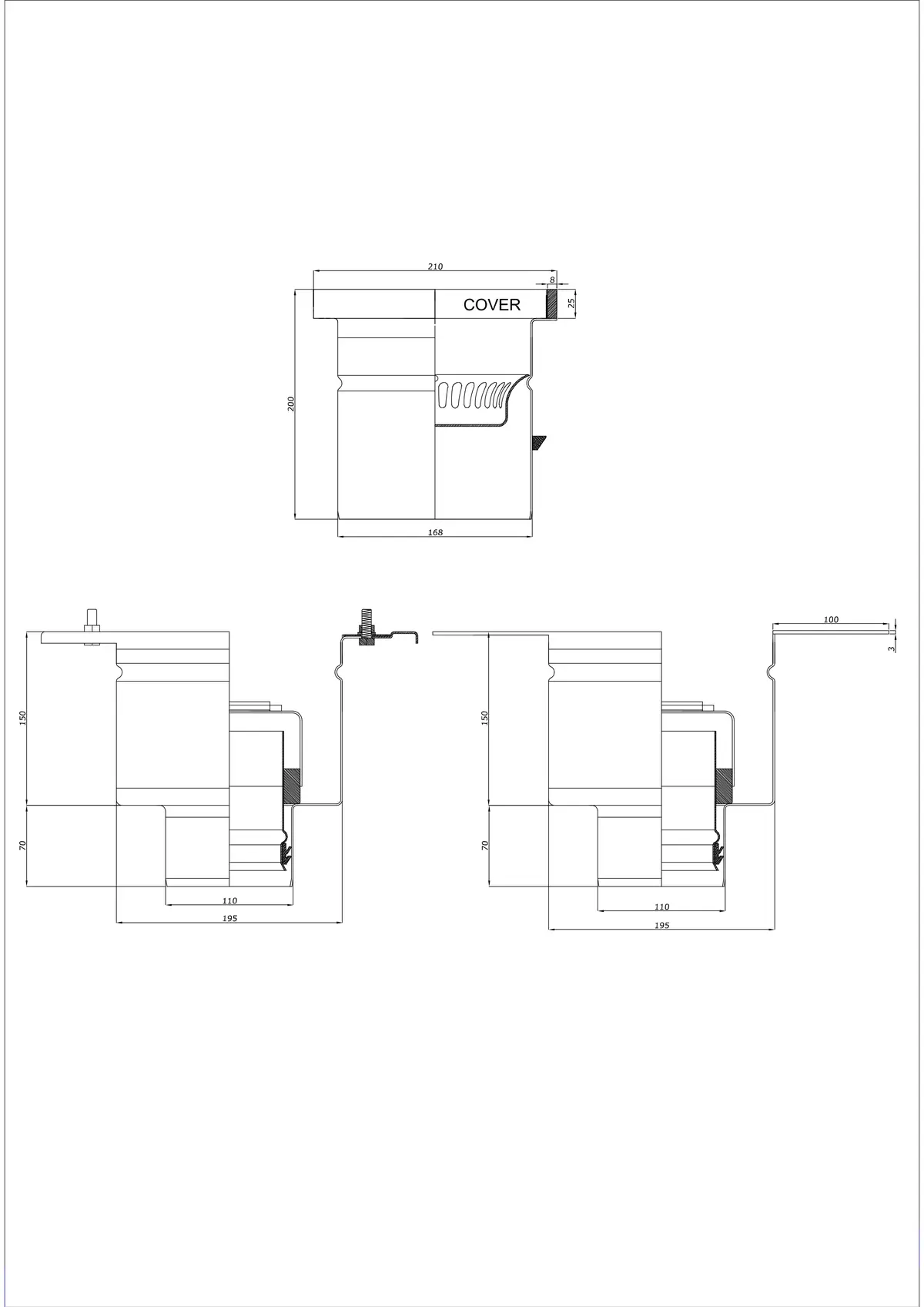 Sifon de pardoseală BK_KROD 210 DN 110 cu margine 25x8mm - Drenaj vertical în două părți