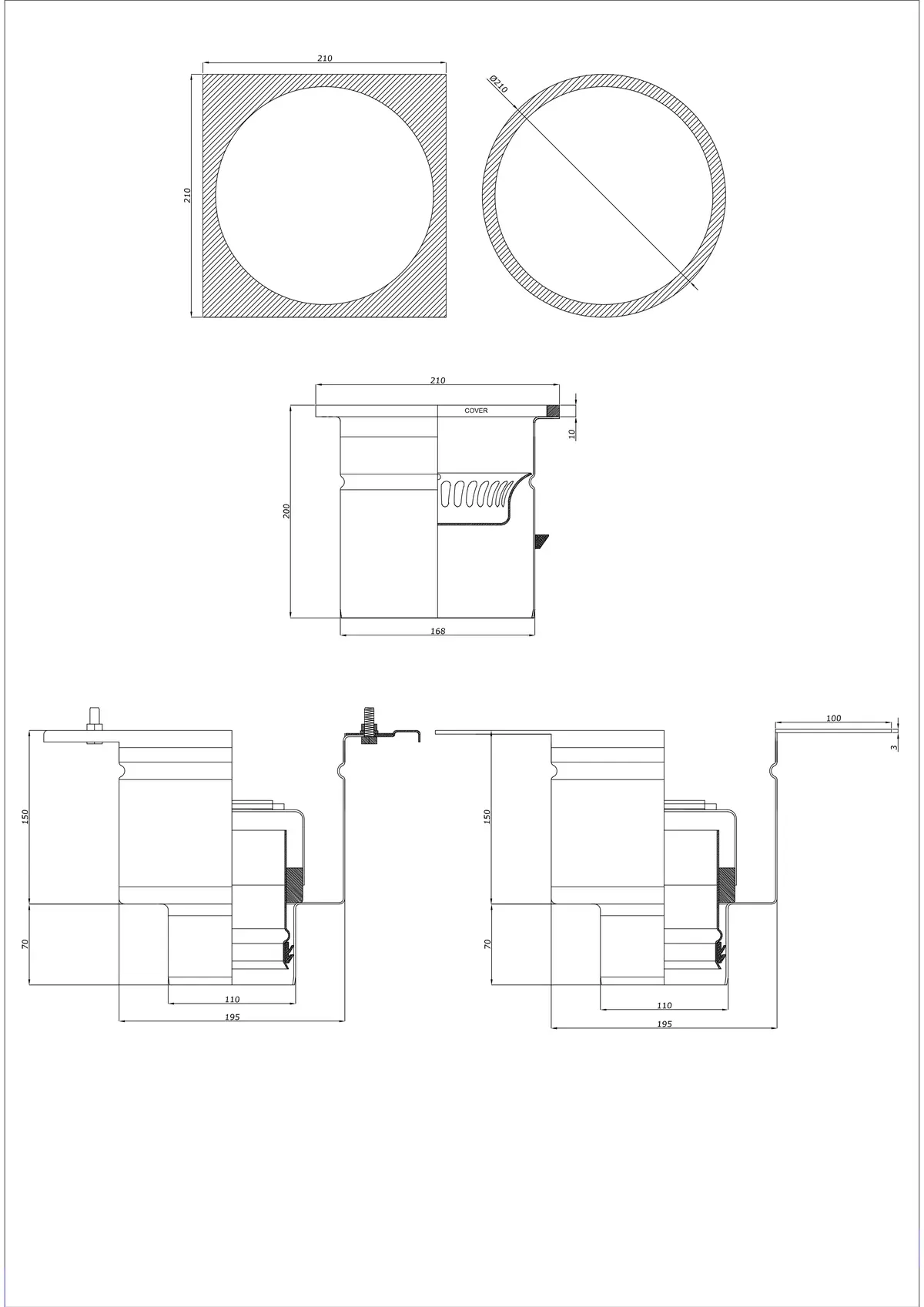 Scurgere de podea BK_KRDO 210/210x210 DN 110 - Două părți vertical - Versiune rotundă/pătrată