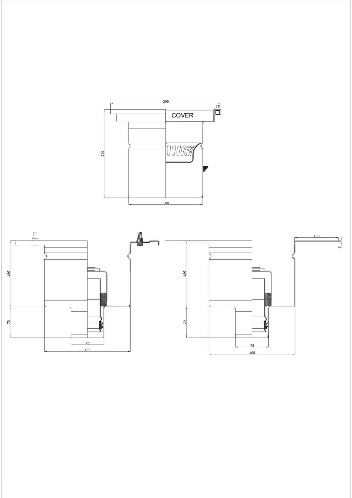 Sifon de pardoseală BK_KRD 200x200 DN 75 - Două piese vertical