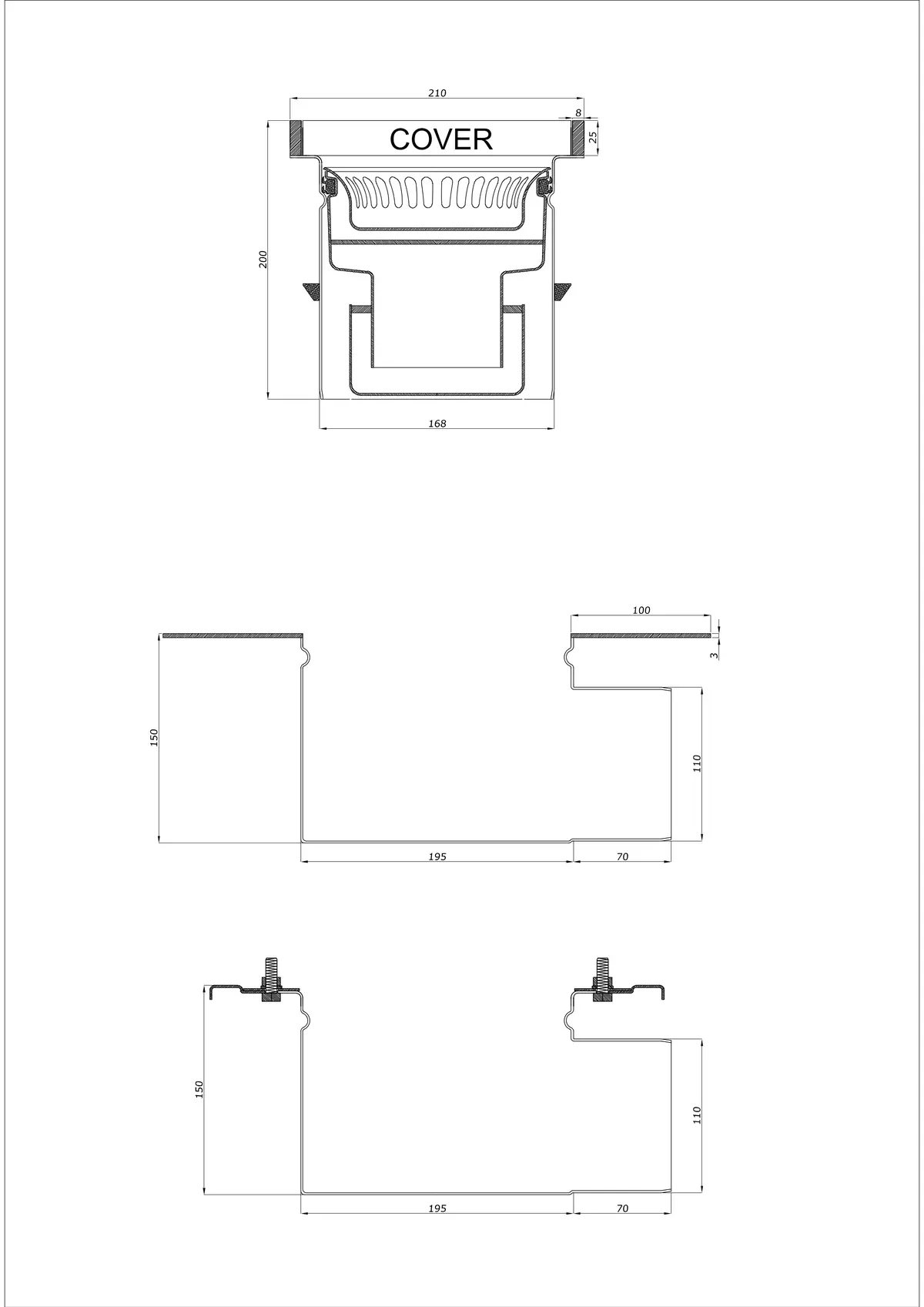 Sifon de pardoseală BK_KROB 210 DN 110 cu margine 25x8mm - Două părți orizontal