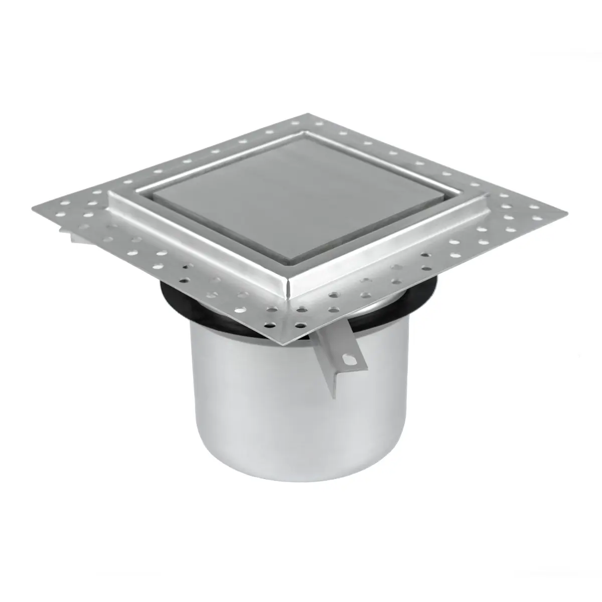 Partea superioară a unei grile de podea 200x200 mm cu capac de placă și flanșă de etanșare